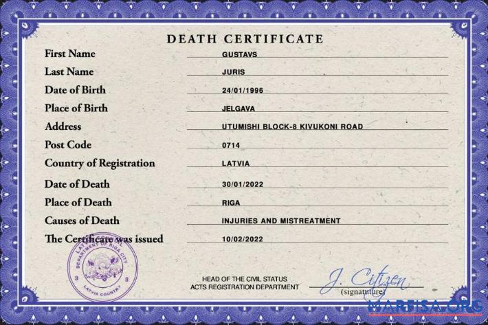Blank Latvia death certificate PSD template